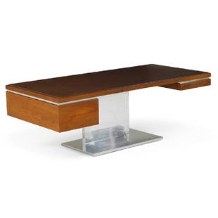 WARREN PLATNER Desk: WARREN PLATNER (1919 - 2006) LEHIGH LEOPOLD Desk, USA, 1970s Polished aluminum, teak, leather Unmarked 30" x 96" x 40"