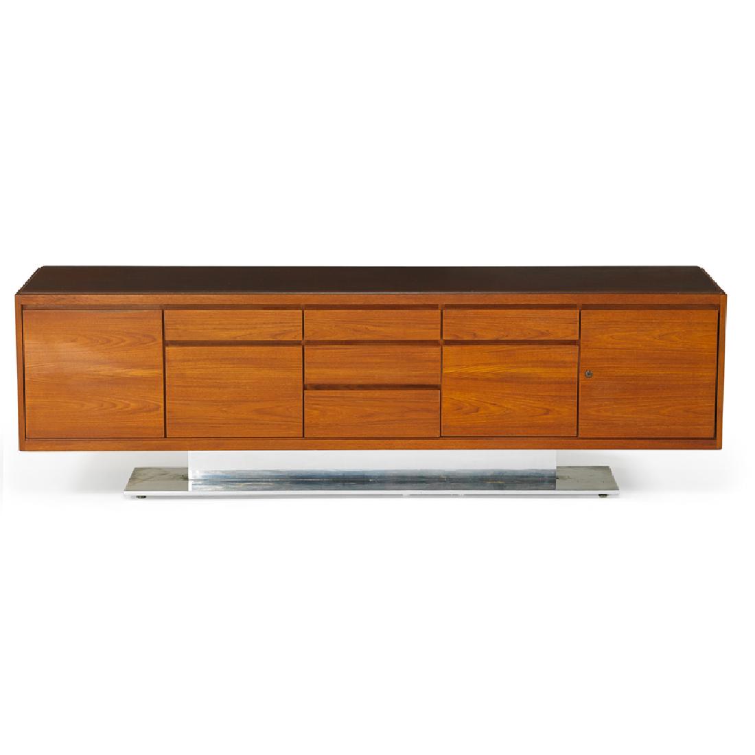 WARREN PLATNER Cabinet: WARREN PLATNER (1919 - 2006) LEHIGH LEOPOLD Cabinet, USA, 1970s Polished aluminum, teak, leather Metal manufacturer label 29 1/2" x 92" x 21 3/4"