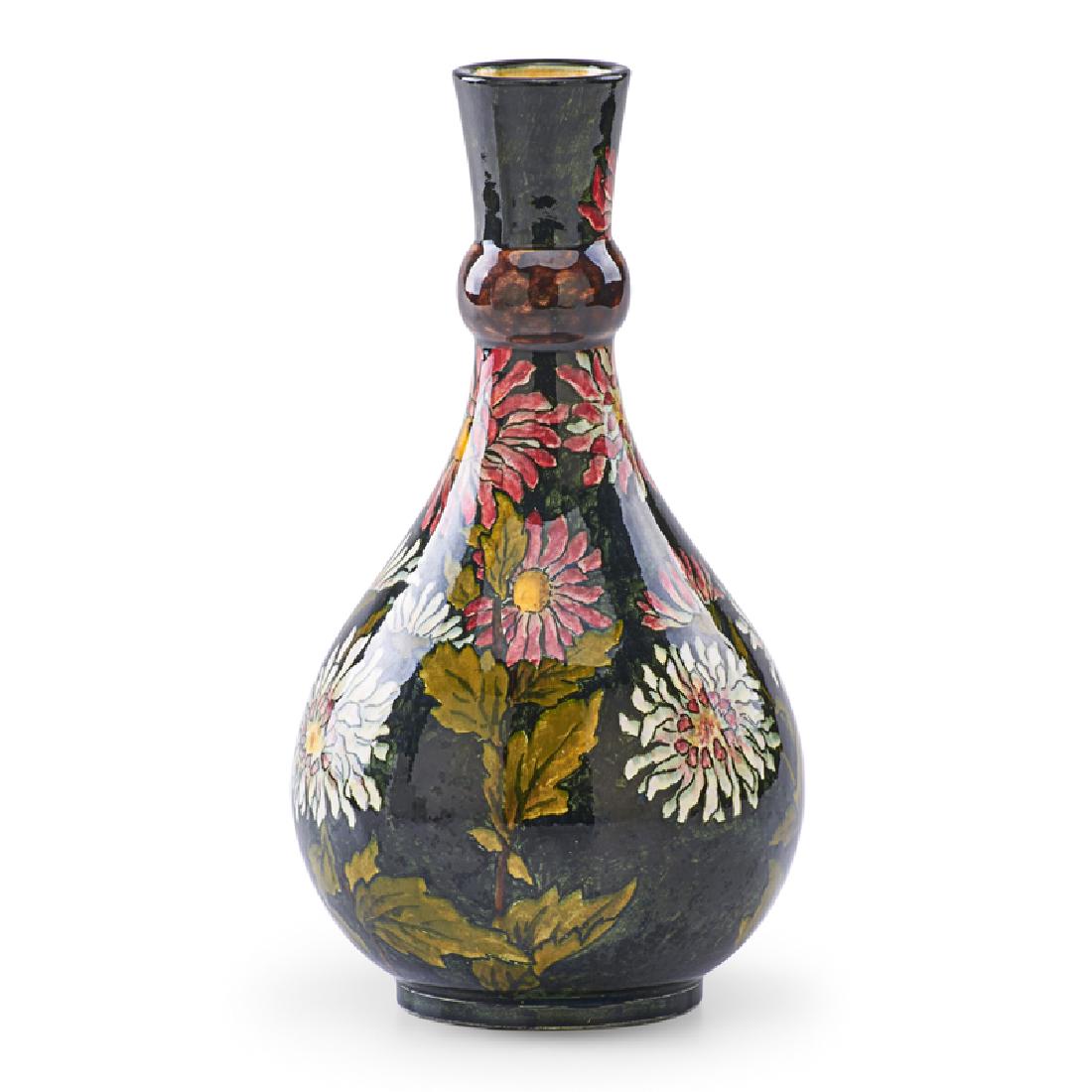 JOHN BENNETT POTTERY VASE: Daisy and chrysanthemum decoration, USA, 1889 Signed "J. BENNETT NEW YORK '89" 8 3/4"