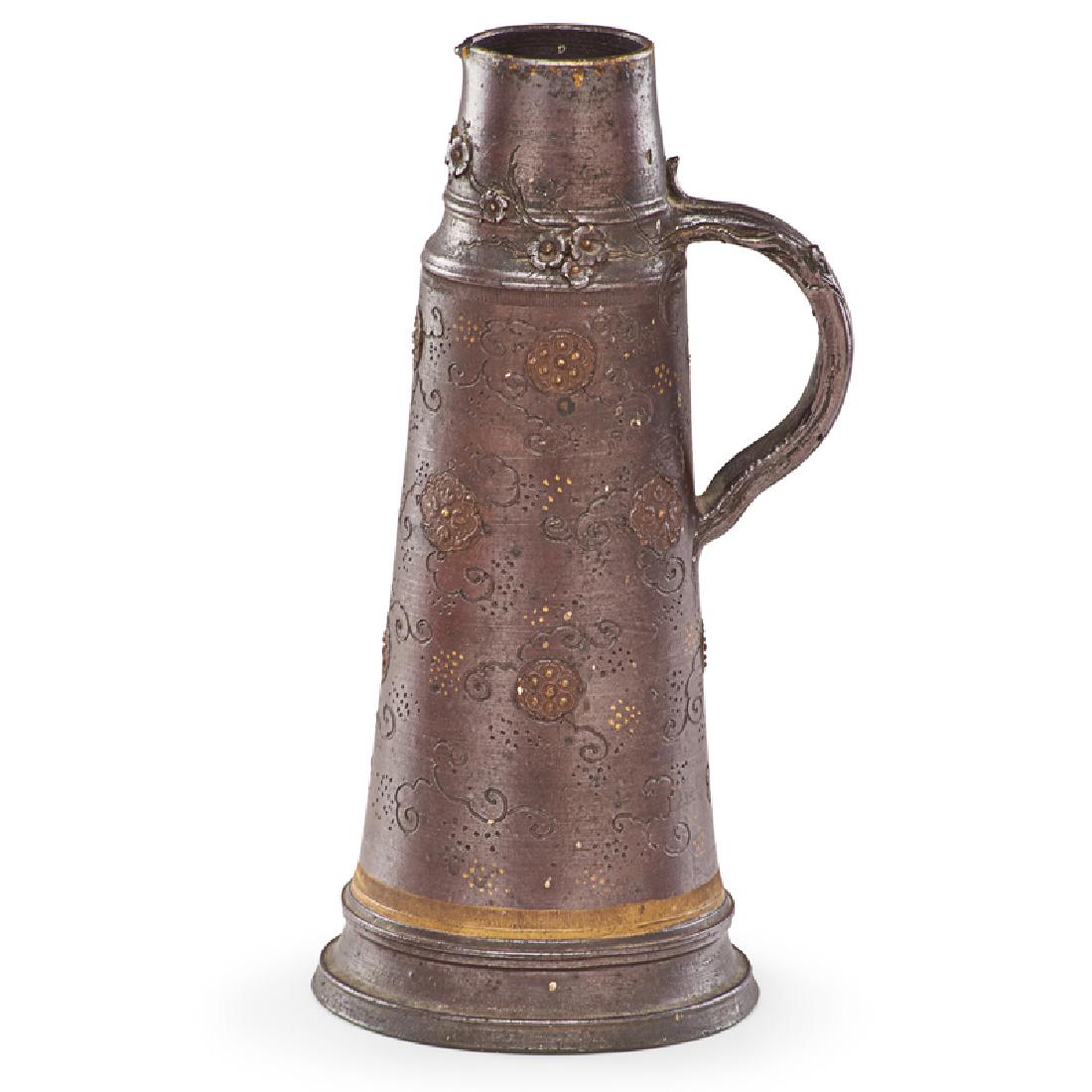 ERNEST CHAPLET EWER: Salt-glazed terracotta ewer with incised and applied foliate decoration, France, ca. 1900 Impressed mark 11"