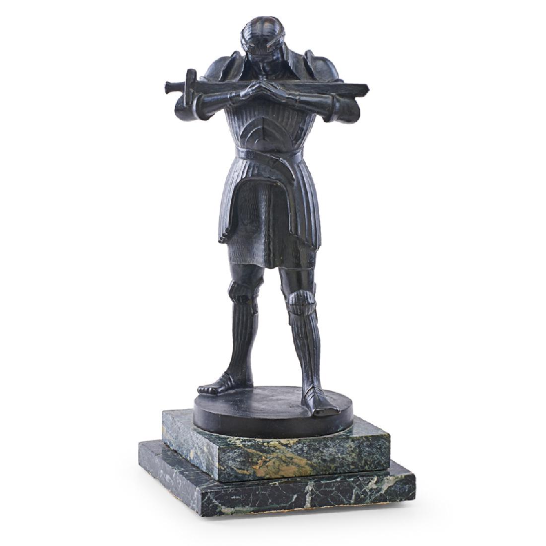 FRANZ METZNER (German, 1870-1919): Figure of Rudiger von Bechelaren, a character in the Nibelungenlied (song of the Nibelungs), 13th c. epic poem Bronze on stepped green marble base Signed on base, incised "1608" Overall: 17 1/4" Note: