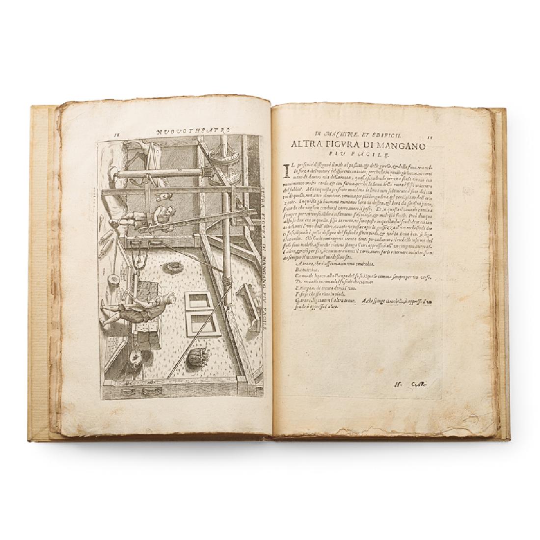 ZONCA, VITTORIO. NOVO TEATRO DI MACHINE ET EDIFICII PER: Vellum cover with title embossed on spine, laid paper with 42 engravings. Padua, Italy: Francesco Bertelli, 1621.