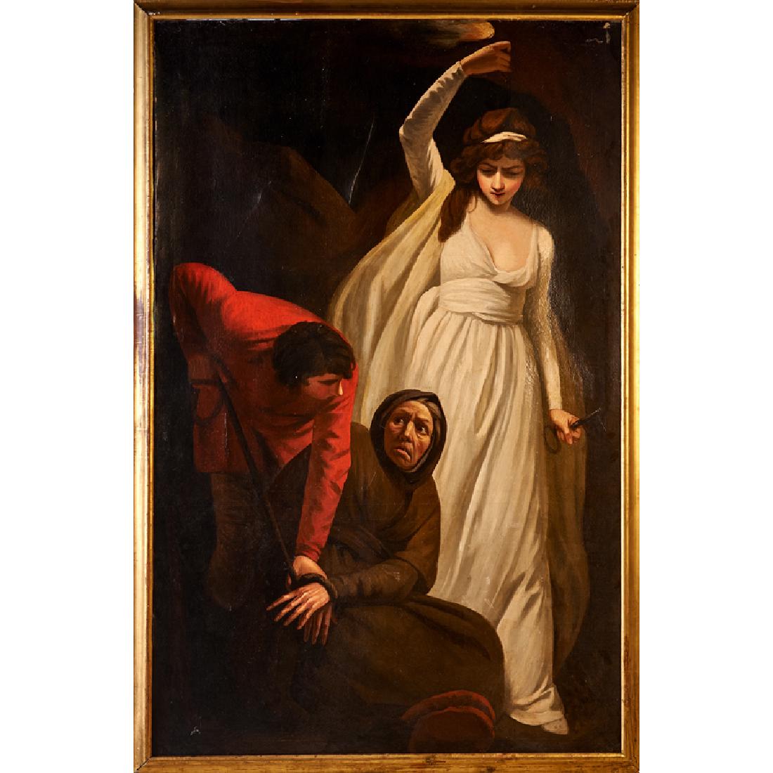 JOHN OPIE (British, 1761-1807): Gil Blas binding Dame Leonarda with cords in the cavern of the banditti Oil on canvas 84” x 53” Literature: Rogers, J.J. Opie and his Works. London & Truro, 1878, p. 213 Earland, Ada. John Opie an