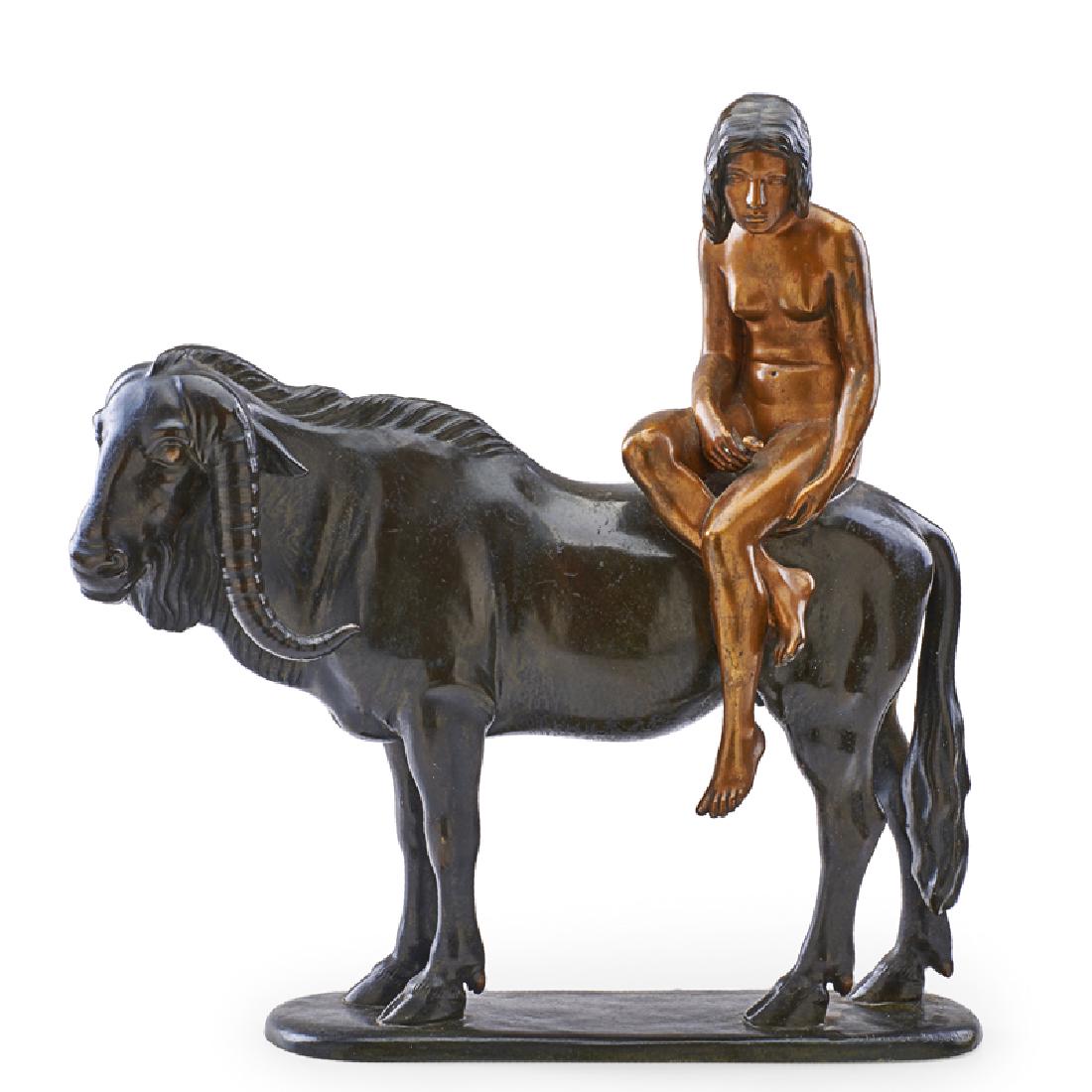 HERMANN OTTO HAASE-ILSENBURG (Germany, 1879-1960): Woman on a Water Buffalo," ca. 1900 Bronze Signed "H. Haase-Ilsenburg" 16