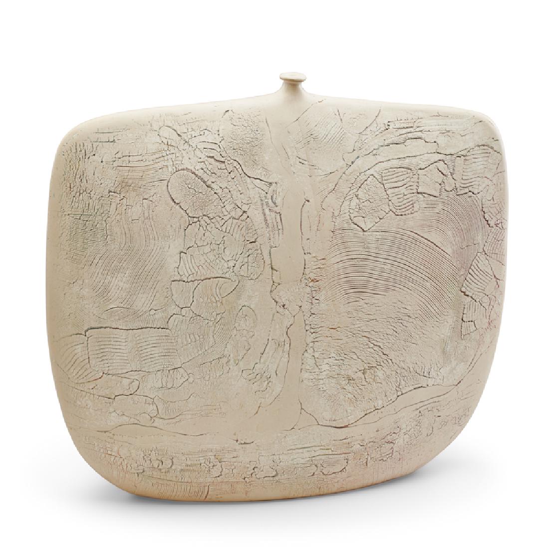 PETER HAYES POTTERY VESSEL: Raku-fired and heavily textured, England; Signed and dated '88; 15" x 17" x 3 1/2"; Provenance: Estate of Ruth and Hans Fiuczynski