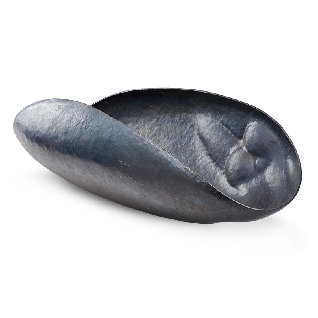 LEONARD URSO COPPER VESSEL: Reflection"; Massive hammered and blackened copper folded vessel with partial male nude, Rochester, NY; Signed and titled; 12" x 37 1/2" x 16