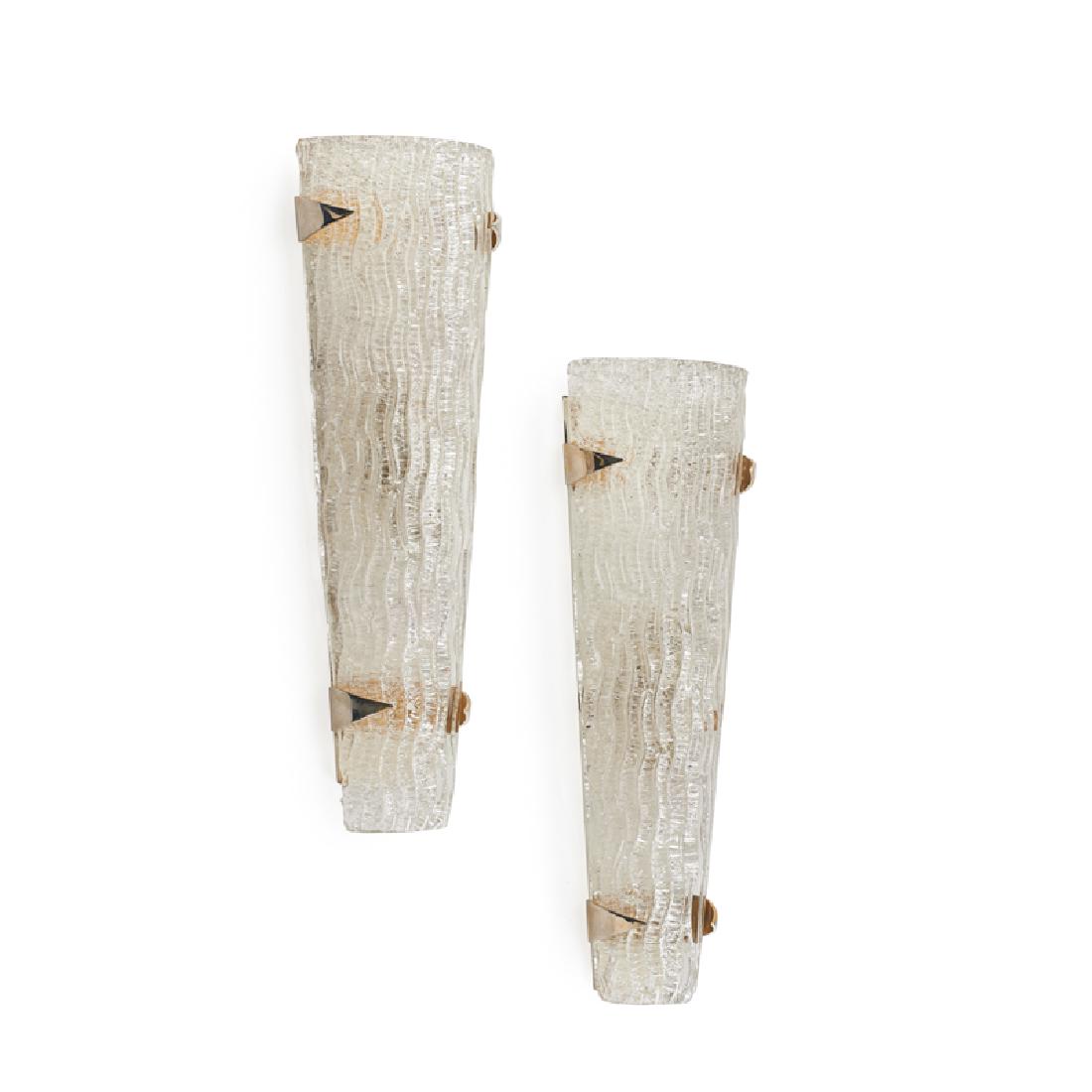 PAIR OF ITALIAN GLASS SCONCES: Textured and tapered glass with "water flow" design, Italy, 1940s; 18" x 6 1/2" x 3"