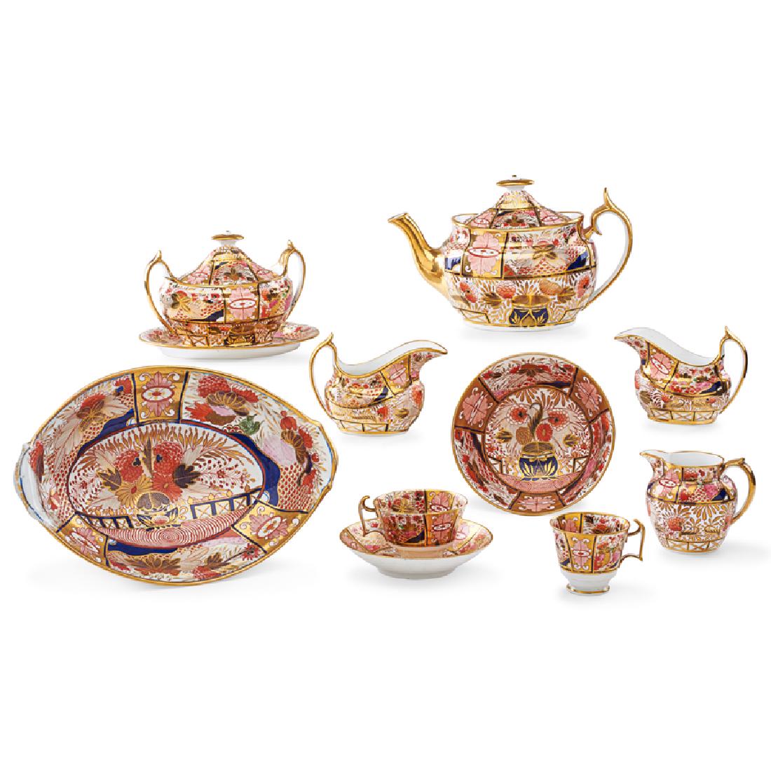 SPODE PORCELAIN TABLEWARE: Sixty-nine in Imari pattern #963: (16) teacups with saucers, (14) coffee cups, (2) covered sugars with underplates, (3) cream pitchers, (3) shallow bowls, (4) luncheon plates, bread plate, waste bowl,