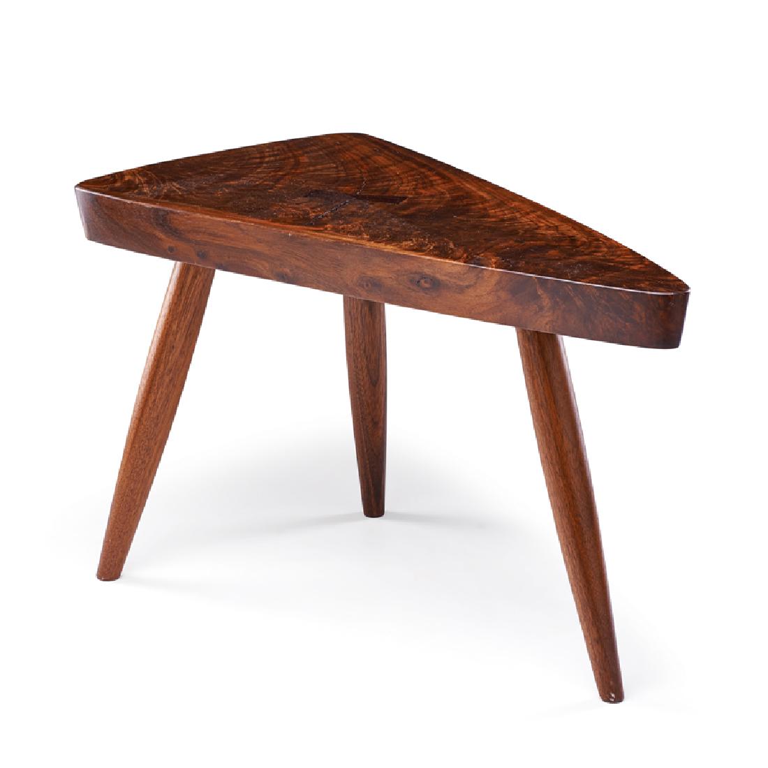 MIRA NAKASHIMA STOOL: Figured walnut, walnut, rosewood, New Hope, 2013; Signed and dated, dedicated "In gratitude to the "Circle of Life" (Auction) Doylestown Hospital 2013 In Memory of Richard Ashbridge Yarnall"; 12 1/2" 
