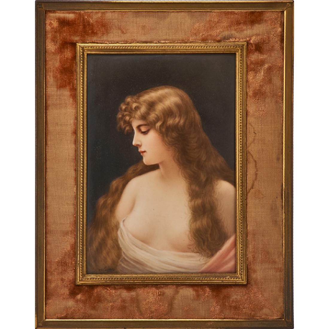 BERLIN PORCELAIN PLAQUE: Framed portrait of a young woman in profile, Germany, early 20th c.; Signed Wagner; 7" x 5" (sight)