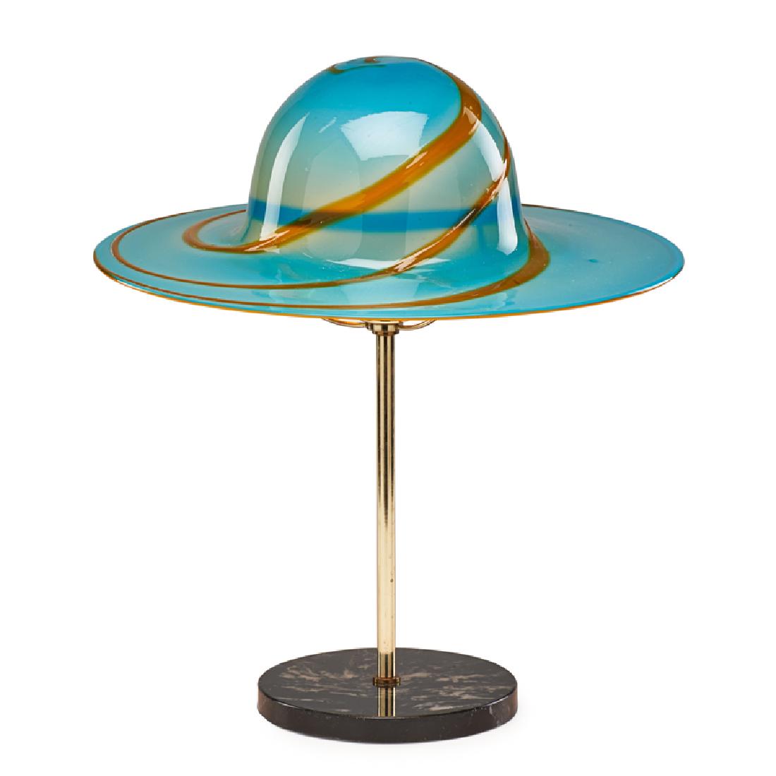 TWO MURANO GLASS HAT LAMPS: Each mounted on brass and marble bases, Italy, mid 20th c.; Larger: 18" x 16" dia.; Provenance: The Gary & Helen Kalpakjian Collection