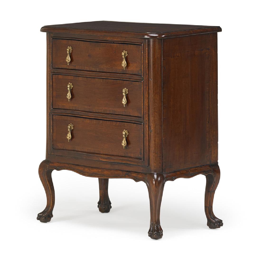 CONTINENTAL ROCOCO WALNUT COMMODINI: Serpentine outline with paw feet, Italy or Spain, late 18th c.; 33 1/2" x 26 1/2" x 17 1/4"