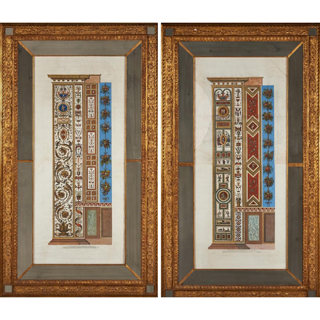 19TH C. ARCHITECTURAL PRINTS: Two Neoclassical architectural engravings with hand coloring (in gilt gesso frames with smoked mirror accents); 65" x 37" (overall, each)