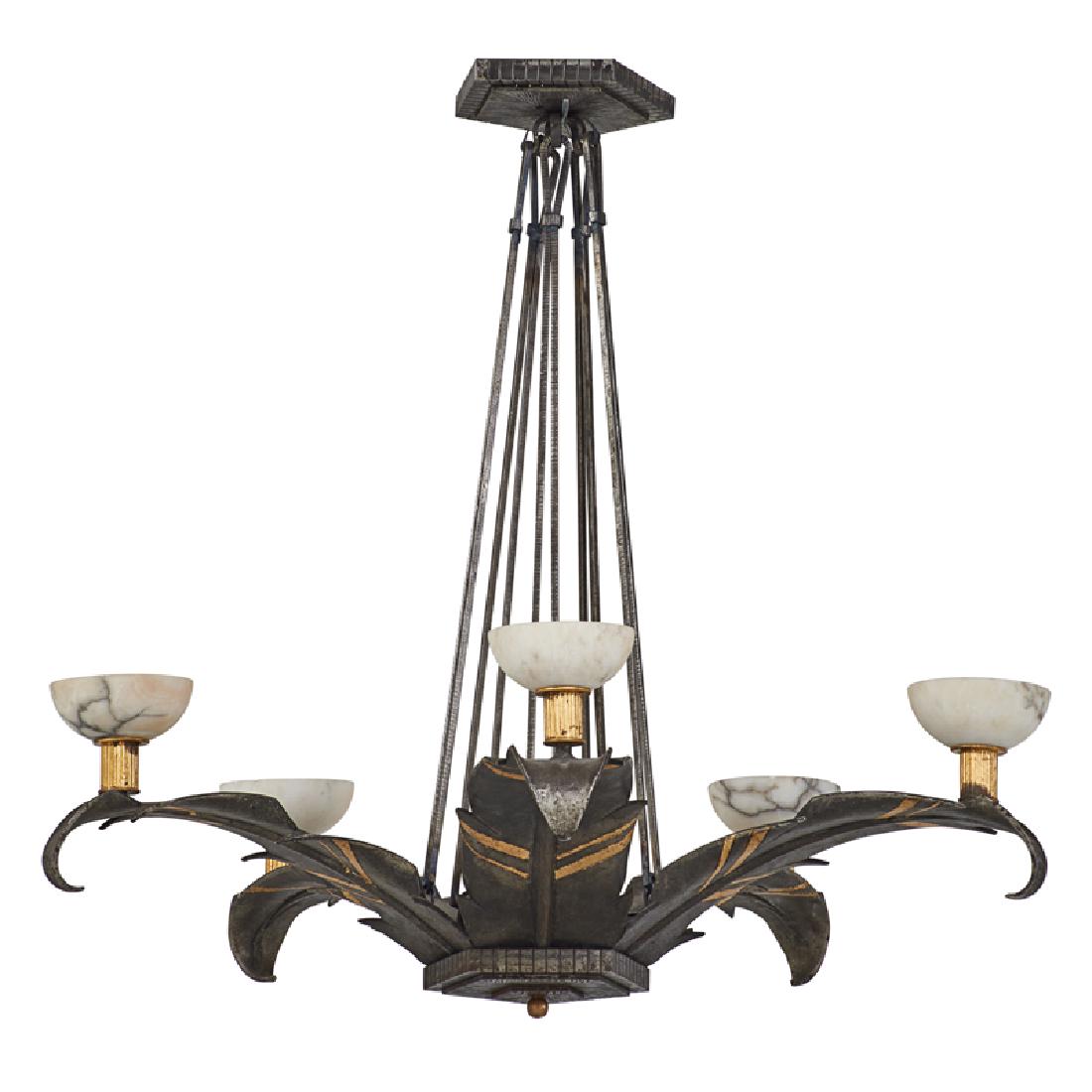 MICHAEL ZADOUNAISKY (French, 1903-1983) CHANDELIER: Wrought iron with alabaster shades, France, second quarter 20th c.; Impressed mark; 32" x 30" dia.