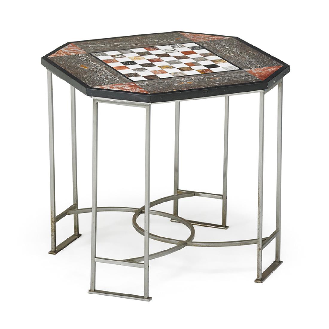 SPECIMEN MARBLE TOP CHESS TABLE: Octagonal, steel base, Italy, 20th c.; 26 1/2" x 27 1/4" dia.