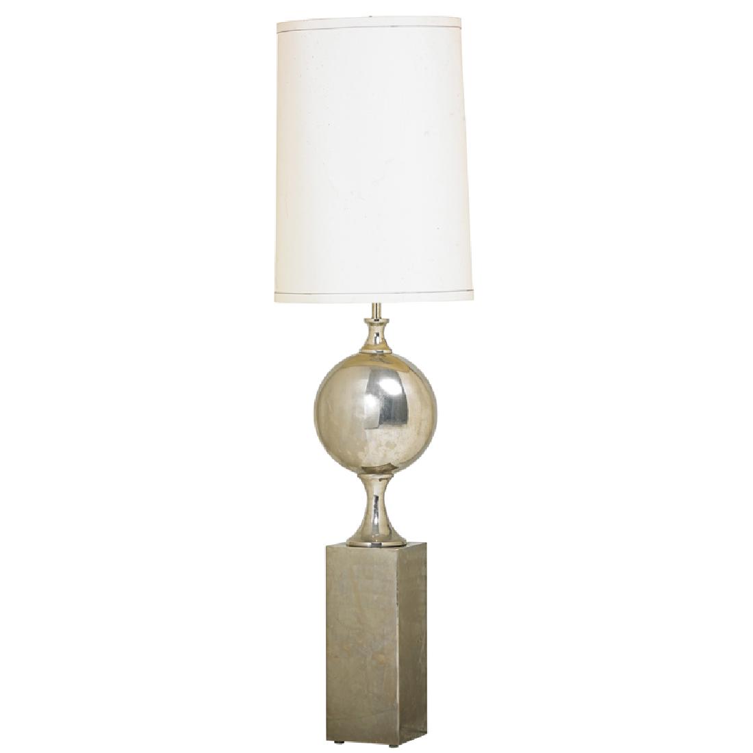 PHILIPPE BARBIER FLOOR LAMP: Nickel-plated brass with two sockets, 1970s; Unmarked; 79" x 8 1/2" sq. at base, shade: 22" x 14 1/2"