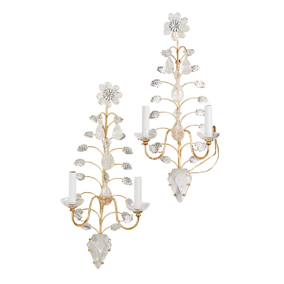 PAIR OF MAISON BAGUES STYLE ROCK CRYSTAL SCONCES: Two-light with gilt-metal stem, France, 20th c.; 24" x 11" x 5"