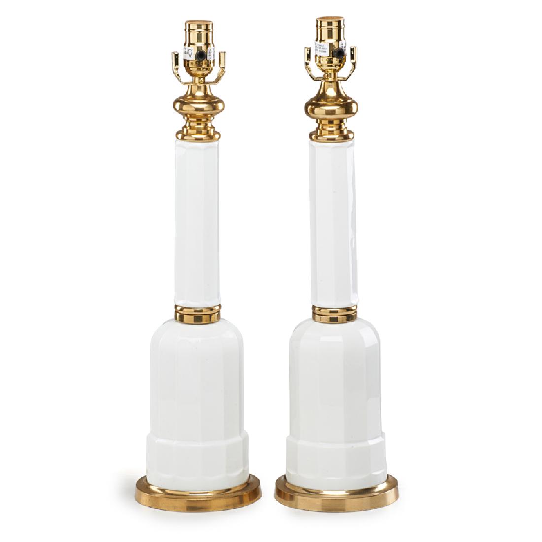 PAIR OF ART DECO OPALINE GLASS LAMPS: Brass accents, Continental, 20th c.; 22" x 5 3/4" dia.