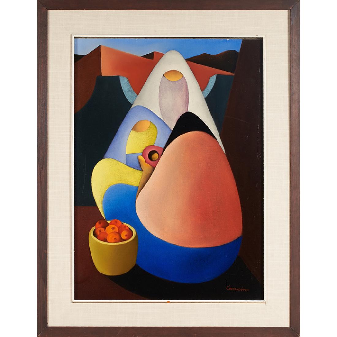 VICTOR MANUEL CANCINO (Mexican, b. 1929): Matelmidad" and untitled (two figures); Two oils on canvas, one laid to board (framed separately); Both signed, one titled to verso; "Matelmidad": 27" x 19