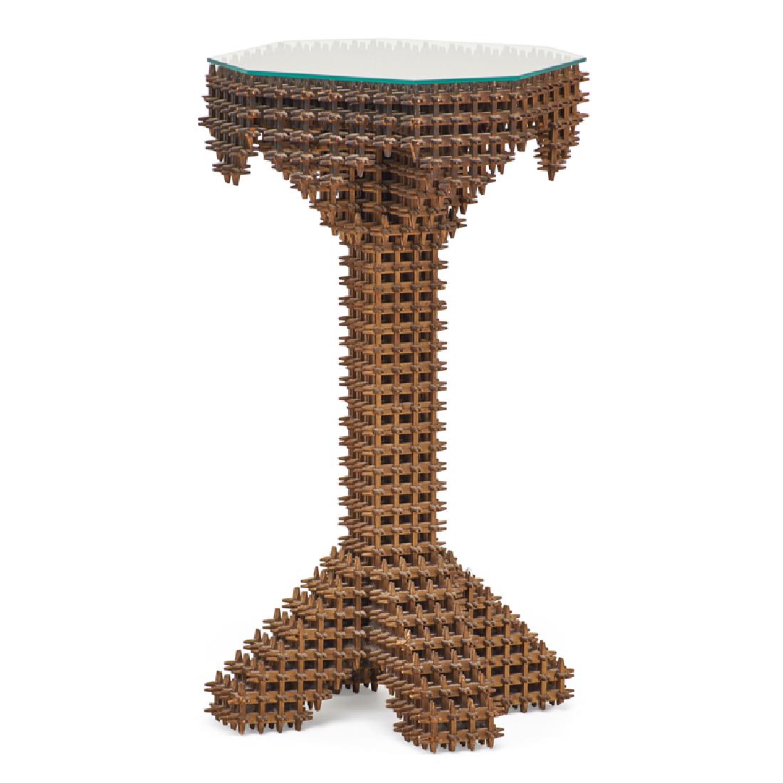 GILTWOOD TRAMP ART SIDE TABLE: Crown of Thorns" table with glass top, 33" x 16 1/2" x 16 1/2