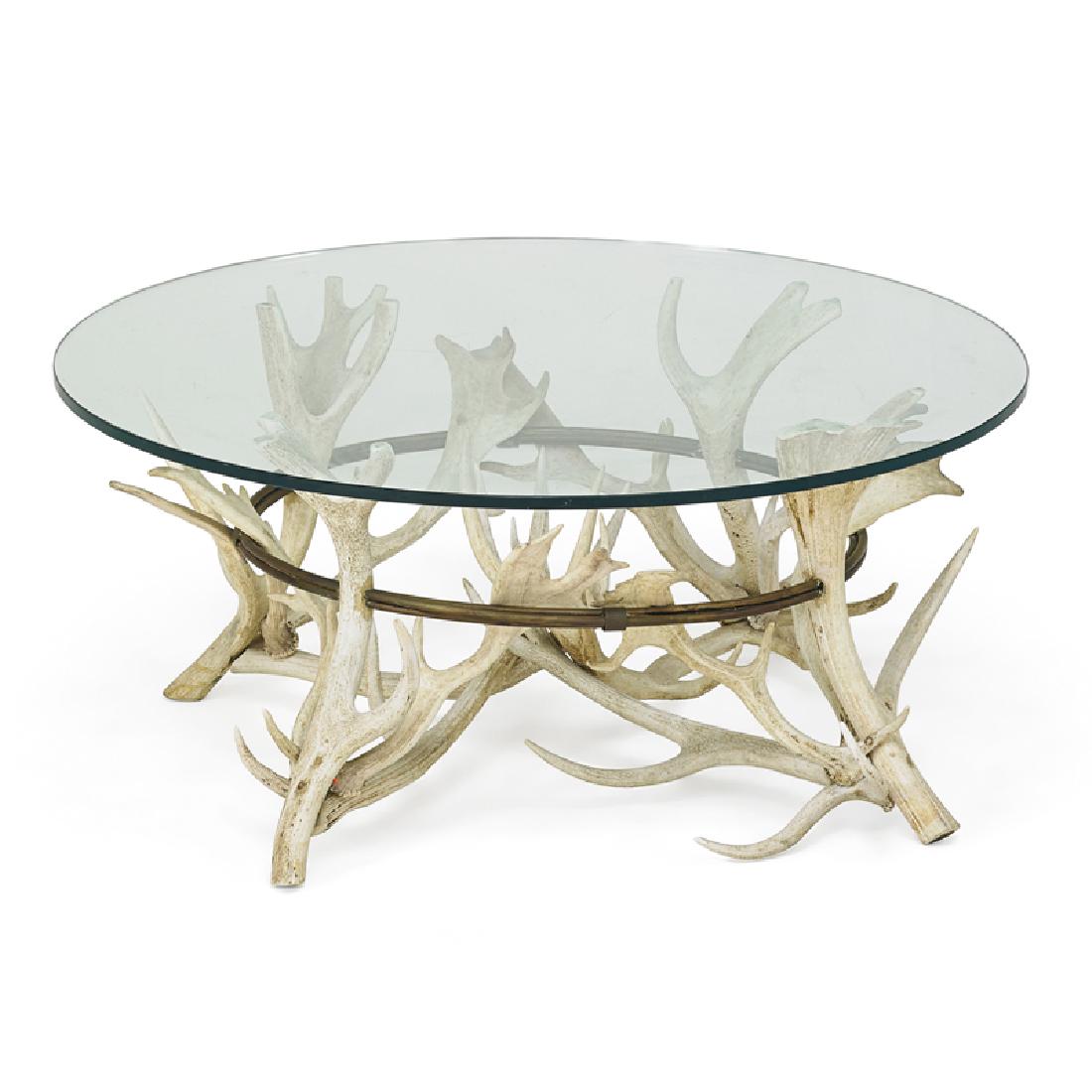 ANTLER GLASS TOP COFFEE TABLE: Probably Canadian, 20th c.; 19 3/4" x 44" dia.