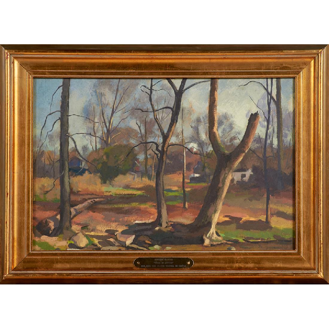GIOVANNI MARTINO (American, 1908-1997): "Trees in Autumn," 1936; Egg tempera and oil on board with graphite sketch on verso (framed); Signed and dated; 11 1/2" x 17 1/2" (sight); Provenance: Spanierman Gallery, LLC, New York (label to verso
