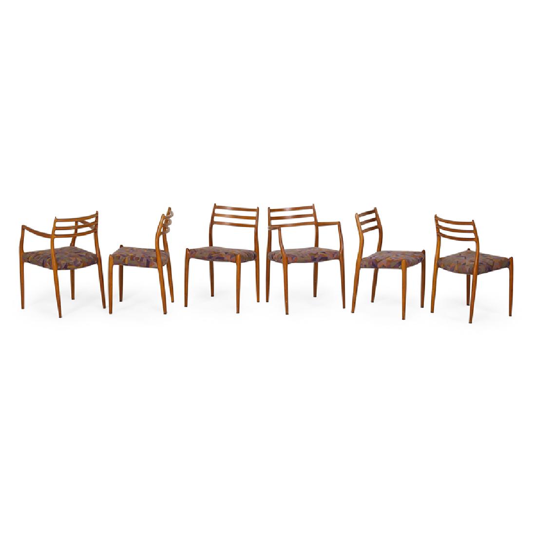 NIELS MOLLER FOR J.L. MOLLER DINING CHAIRS: Six teak and upholstered dining chairs: two armchairs and four side, Denmark, 1960s; Armchairs: 32" x 21 1/2" x 21", side chairs: 32" x 19 1/2" x 19 1/2"