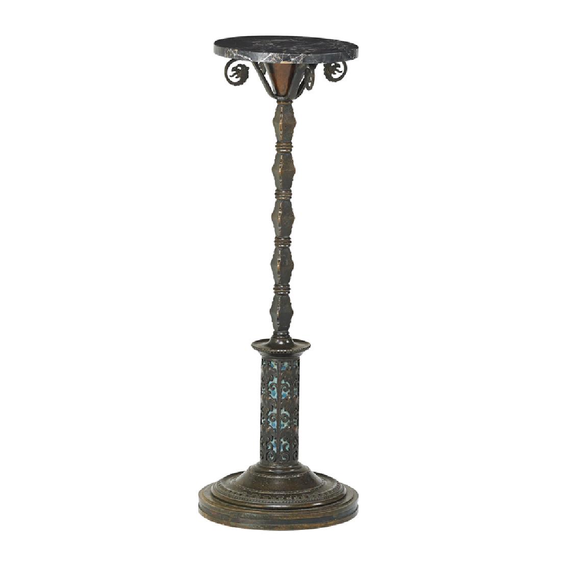 OSCAR BACH (Attr.) PEDESTAL: Patinated and bronzed metal, marble, USA, 1930s; Unmarked; 43" x 13" dia. (top), 15 1/2" dia. (base)