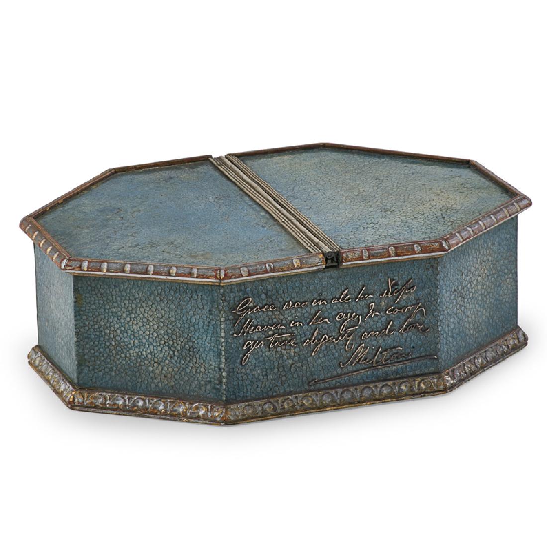 SILVER PLATE AND SHAGREEN INKWELL: Applied silver metal inscription to front, Birmingham, 1932; Hinges marked "CALLOW" and lip of one ink pot marked "JG&S/SMYTHSON OF BOND STREET"; 2 3/4" x 8 3/4" x 6 1/4"