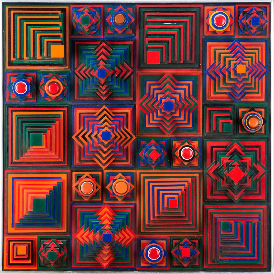 GEOMETRIC WALL HANGING SCULPTURE: Stacked acrylic wall hanging sculpture; Unmarked; 33" x 33 1/4" x 6 1/2"