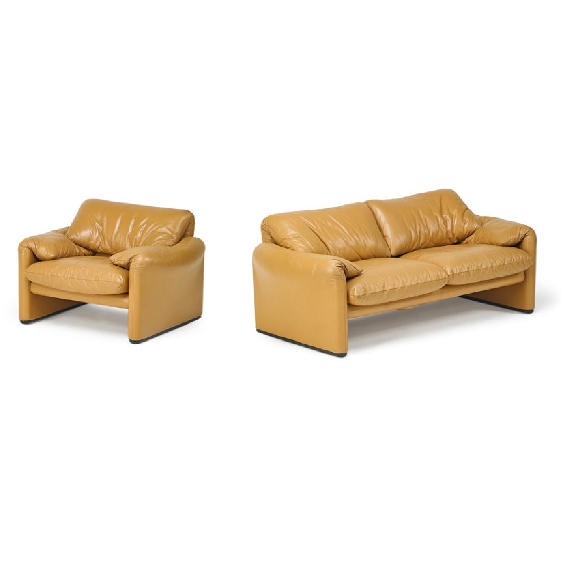 CASSINA SOFA AND LOUNGE CHAIR: Marilunga leather and plastic two-seat sofa and lounge chair, Italy, 1960s-70s; Manufacturer labels; Sofa: 27 1/2" x 67" x 32", chair: 27 1/2" x 41" x 32"