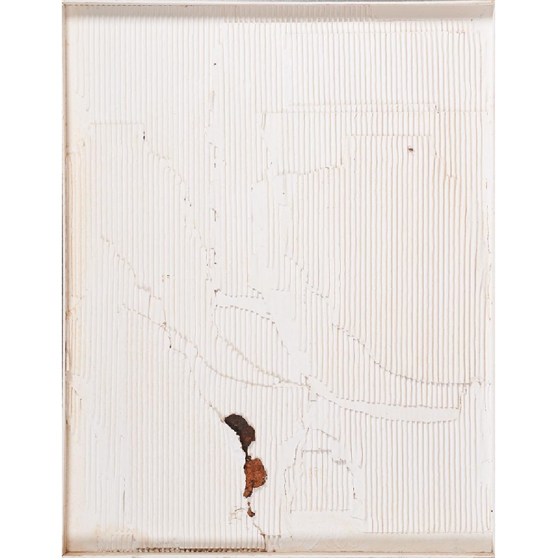 RUTH REESE (American, 1935-2015): "Summer's Distillation," 1984 and "Earth Gem," 1983 from Sonnet Sequence; Two corrugated paper and rusted metal reliefs (window panels); Both initialed and dated; 36" x 28" (each); Provenance: Estate 