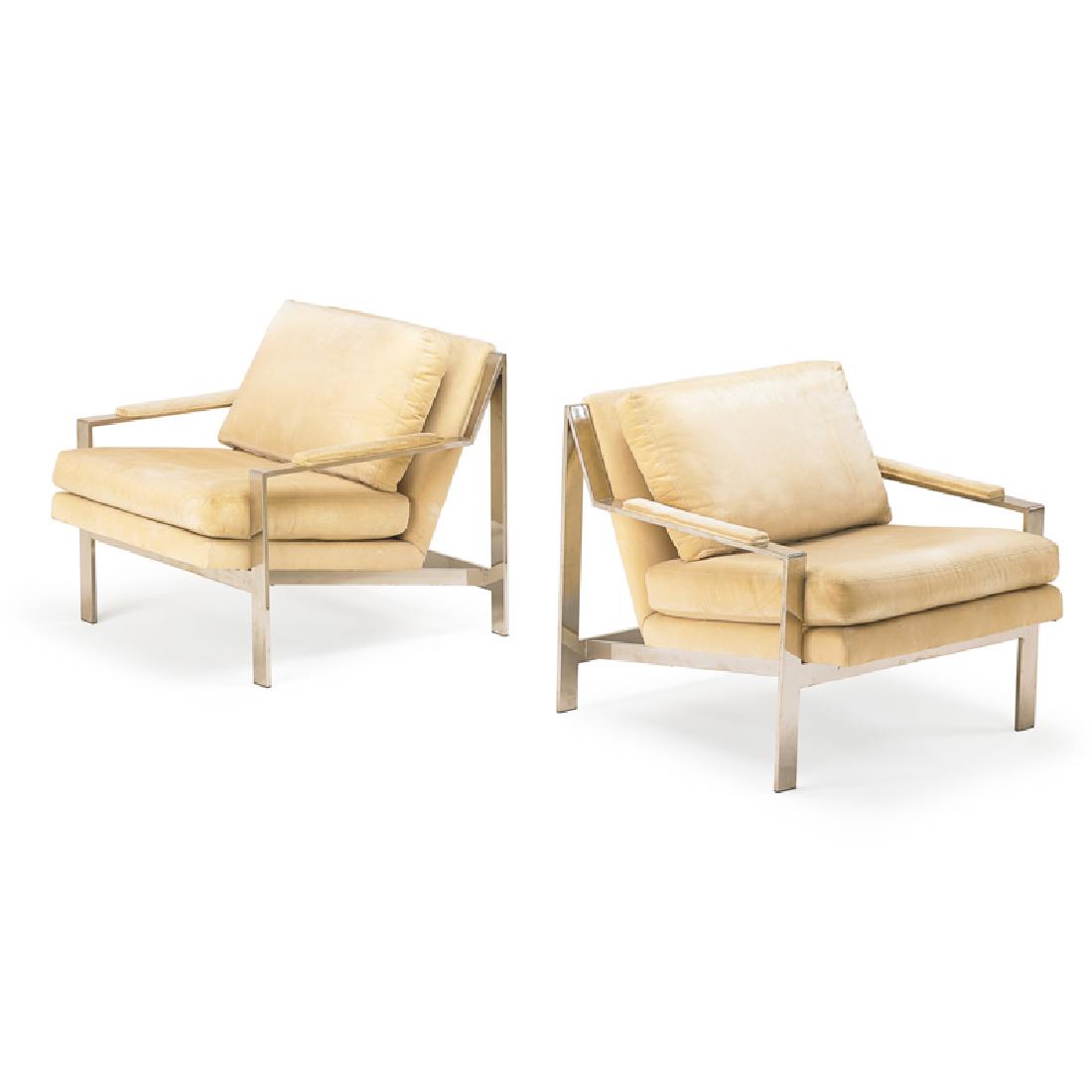 CY MANN PAIR OF LOUNGE CHAIRS: Chrome, steel, upholstery, USA, 1970s; 29" x 29 1/2" x 33"