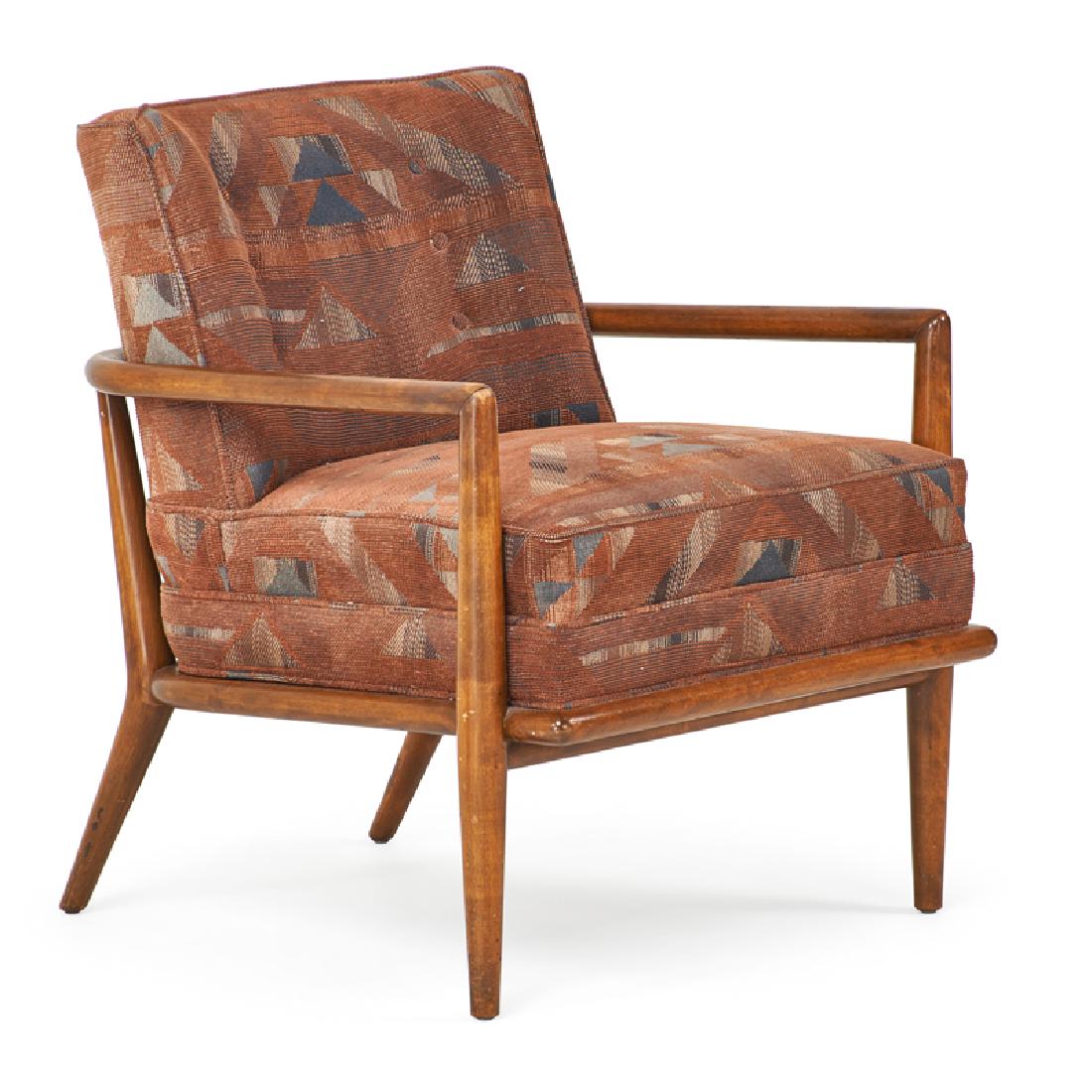 T.H. ROBSJOHN GIBBINGS FOR WIDDICOMB LOUNGE CHAIR: Stained wood and upholstery, Grand Rapids, MI, 1950s; 30" x 24 3/4" x 28"