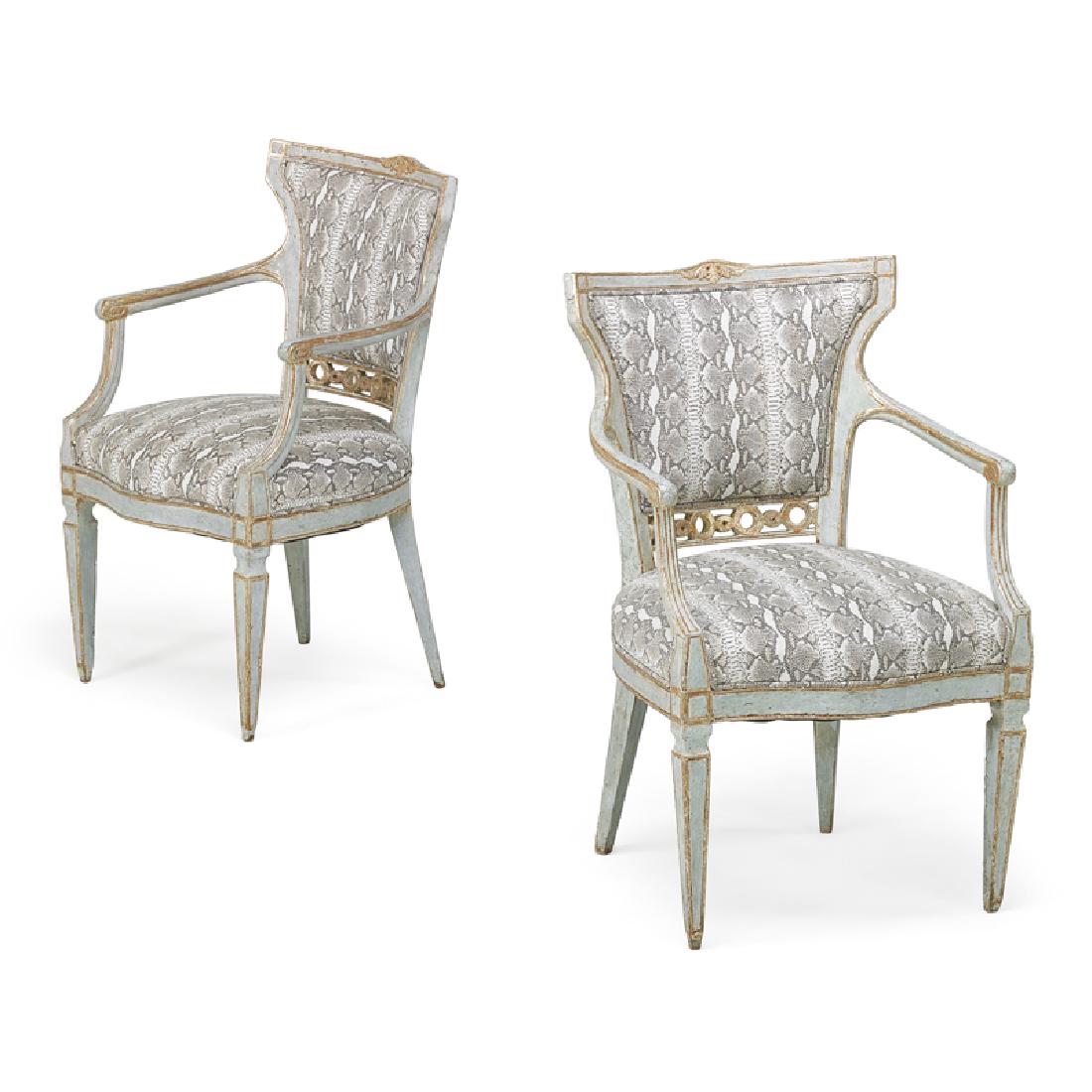 PAIR OF ITALIAN NEOCLASSICAL PAINTED ARMCHAIRS: Painted and silver-gilt, Italy, ca. 1780; 36" x 23" x 20"
