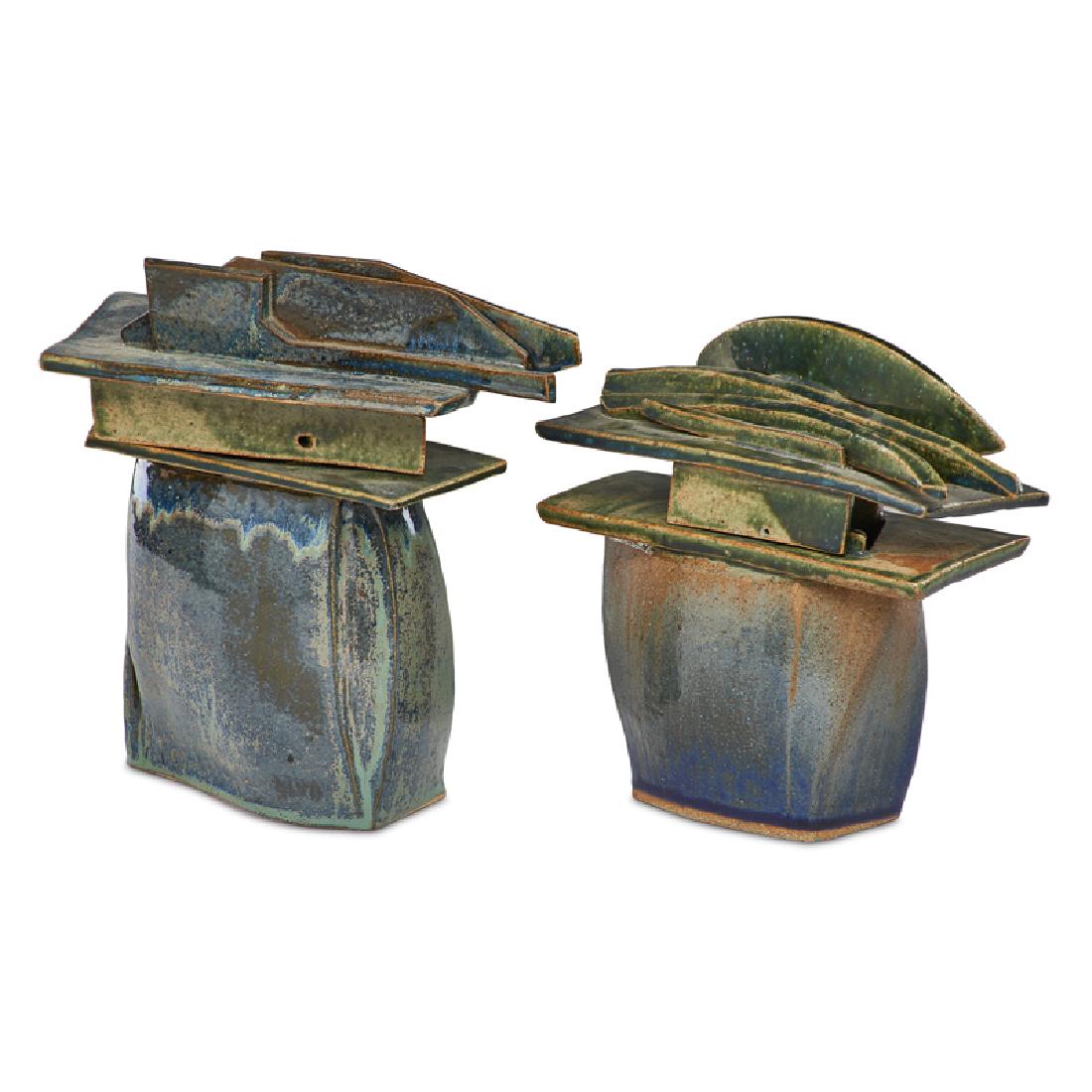 RUTH REESE (American, 1935-2015): Two lidded pottery vessels, 1998; Each initialed and dated; Larger: 10" x 11" x 6"; Provenance: Estate of Ruth and Hans Fiuczynski