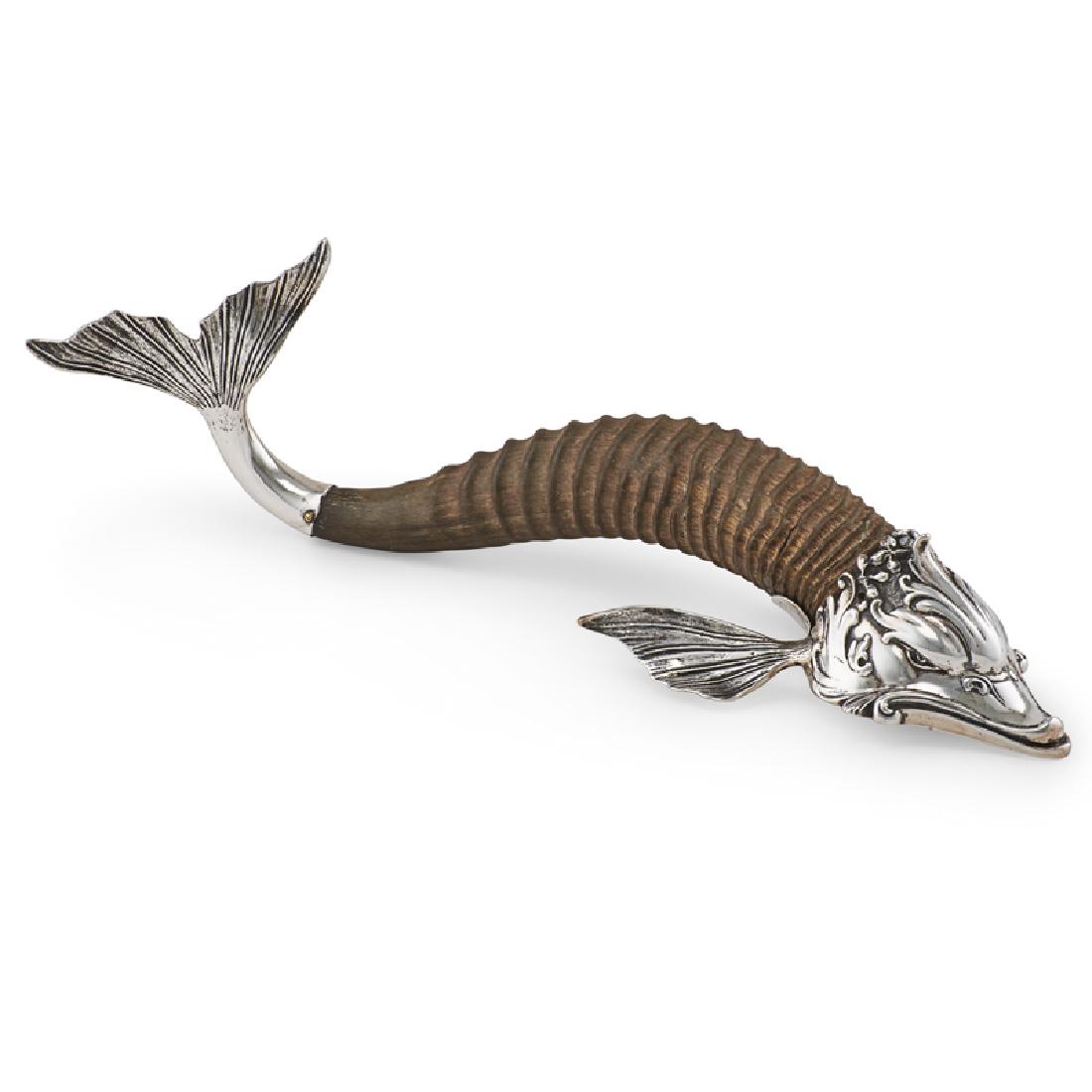 AMERICAN STERLING SILVER MOUNTED HORN DOLPHIN FORM: By Graff, Washbourne, & Dunn, USA, ca. 1900; Marked; 14 1/2"