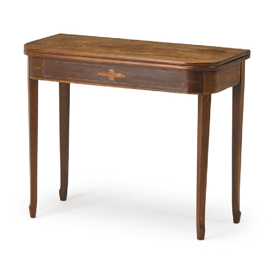 LATE GEORGE III FOLD OVER GAME TABLE: Inlaid mahogany, England, 19th c.; Closed: 30" x 36 1/2" x 17 1/2"