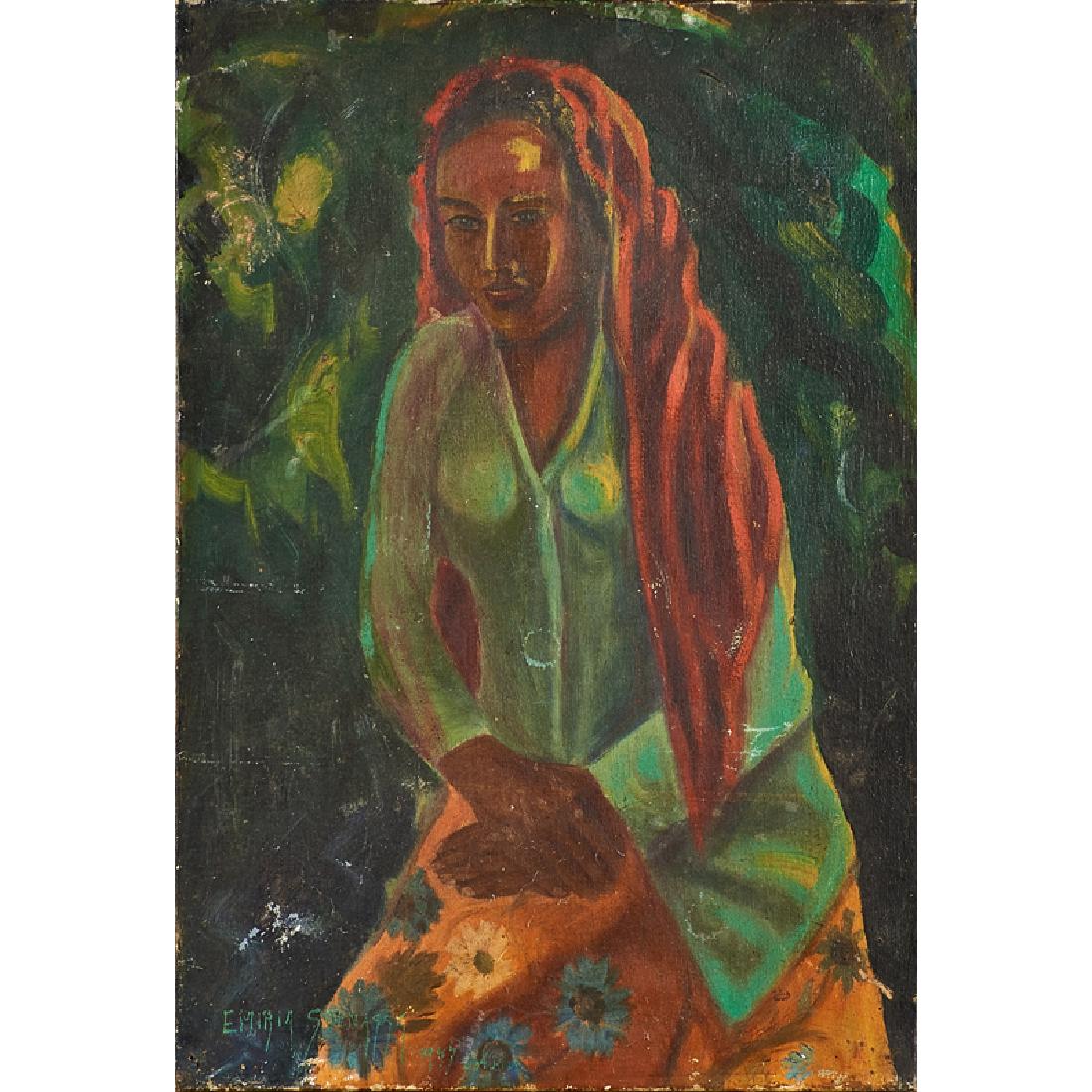 EMIRIA SOENASSA (Indonesian, 1894-c. 1960): Untitled (seated woman), 1947; Oil on canvas; Signed and dated; 22" x 15"