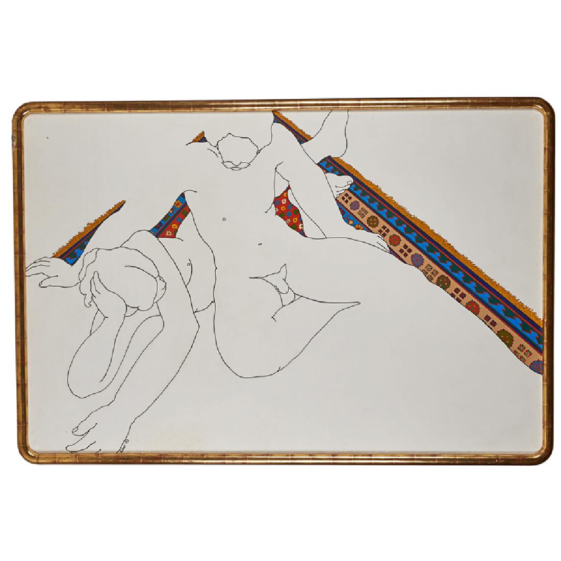 WEYMAN LEW (American, b. 1935): Untitled (figures on carpet), 1973; Oil on canvas (framed); Signed and dated; 50" x 75"