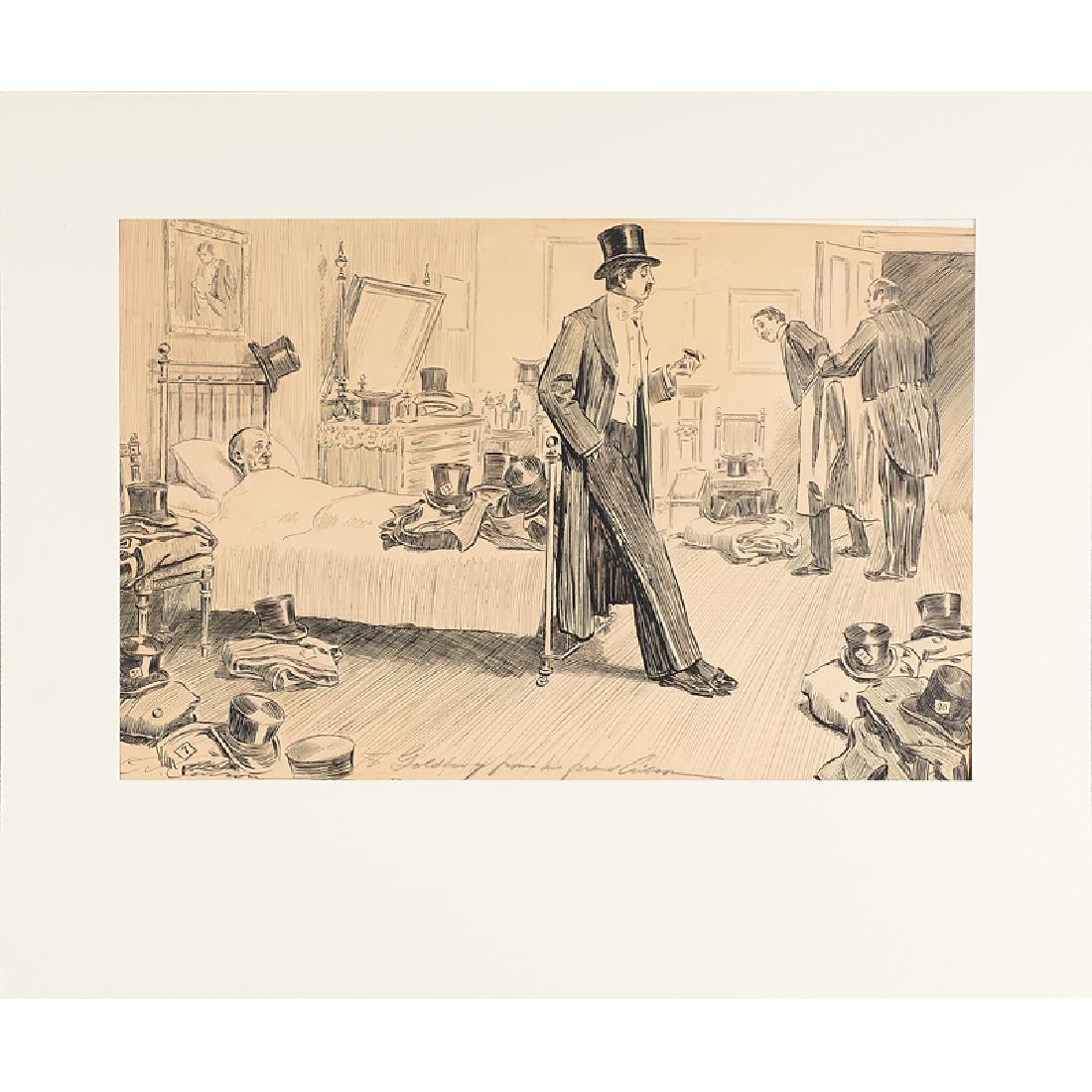 CHARLES DANA GIBSON (American, 1867-1944); ETC.: Three works: Untitled (men's dressing room) and untitled (couple at party), two ink illustrations on paperboard, both signed and dedicated together with HOMER DAVENPORT (American, 1868-1912) Untitled 