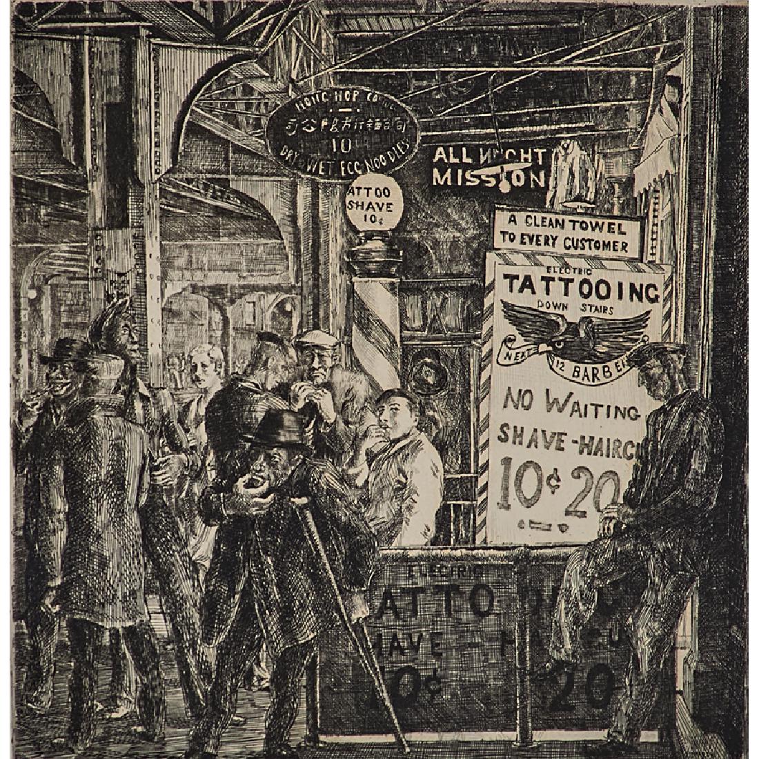 Reginald Marsh (American, 1898-1954): Tattoo, Haircut and Shave, 1932 (printed in 1969); Etching (framed); Numbered 81/100 with Whitney Museum Edition blindstamp; 9 3/4" x 9 5/8" (plate); 10 1/4" x 10 1/4" (sight); Printer: Anderson & Lam