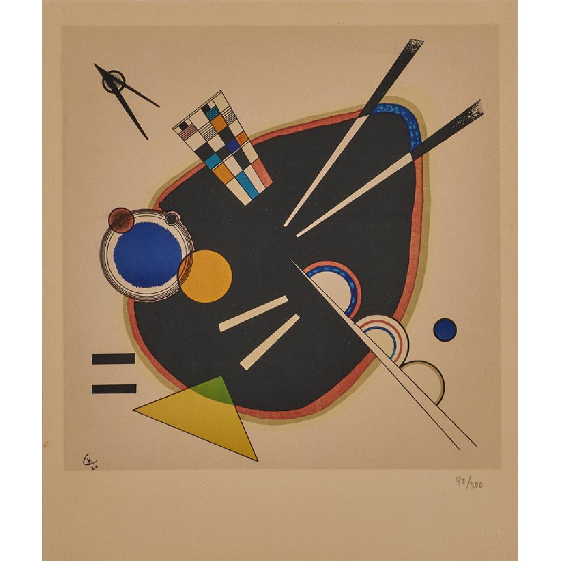 Wassily Kandinsky (Russian, 1866-1944): A Tache Noir, 1924; Lithograph in colors (framed); Numbered 98/300; 14 1/2" x 12 1/8" (sheet); Publisher: Maeght, Paris; Provenance: Janet Fleisher, The Little Gallery, Philadelphia (label on verso); 