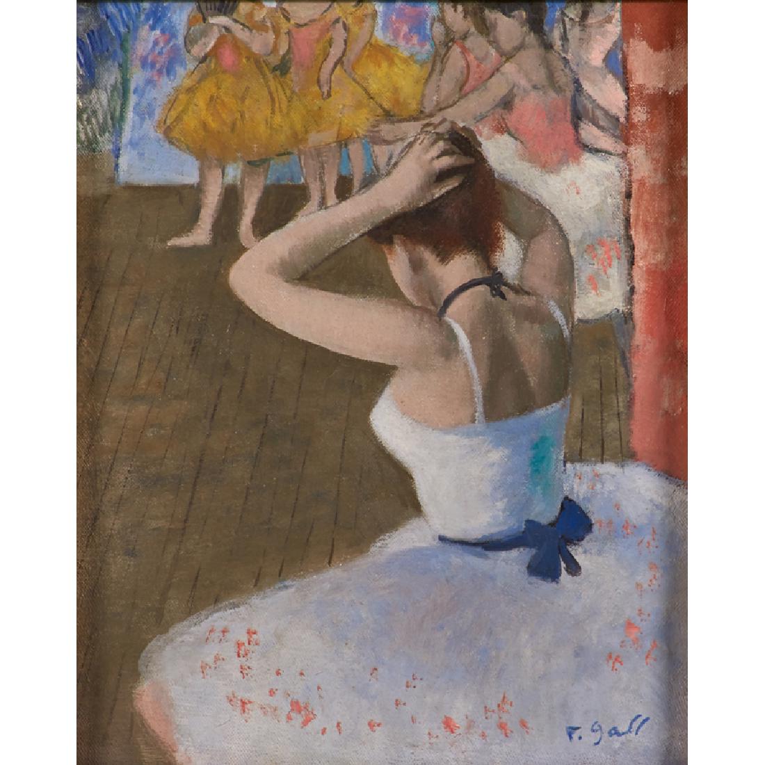 Francois Gall (French, 1912-1987): Final Touches; Oil on canvas (framed); Signed; 10 3/4" x 9"; Provenance: Dominion Gallery, Montreal, Canada (label on verso); Private Collection, Florida