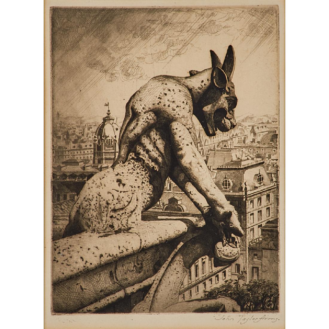 John Taylor Arms (American, 1887-1953): The Gargoyle and his Quarry, Notre Dame, 1920; Engraving (framed); Signed; 7 1/8" x 5 1/4" (plate); 7 5/8" x 5 5/8" (sight); Literature: Fletcher 90; Provenance: Private Collection, Massachusetts
