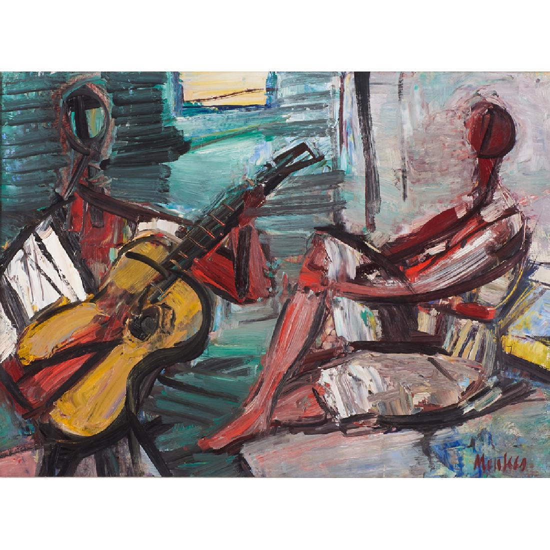 Sigmund Menkes (Ukrainian, 1896-1986): Untitled (Guitarist); Oil on board (framed); Signed; 12 1/2" x 17 1/4" (sight); Provenance: Private Collection, Alabama