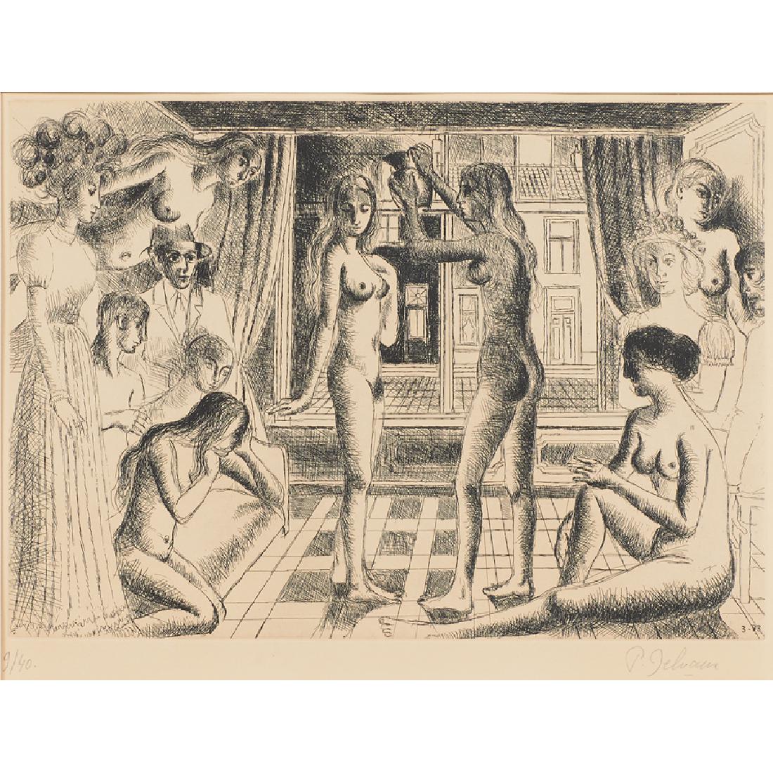 Paul Delvaux (Belgian, 1897-1994): Naissance Hypothetique de David G., 1993; Etching on paper (framed); Signed and numbered 9/40; 12" x 17 1/2" (plate); 19 1/2" x 25 1/2" (sheet); Provenance: Private Collection, Connecticut