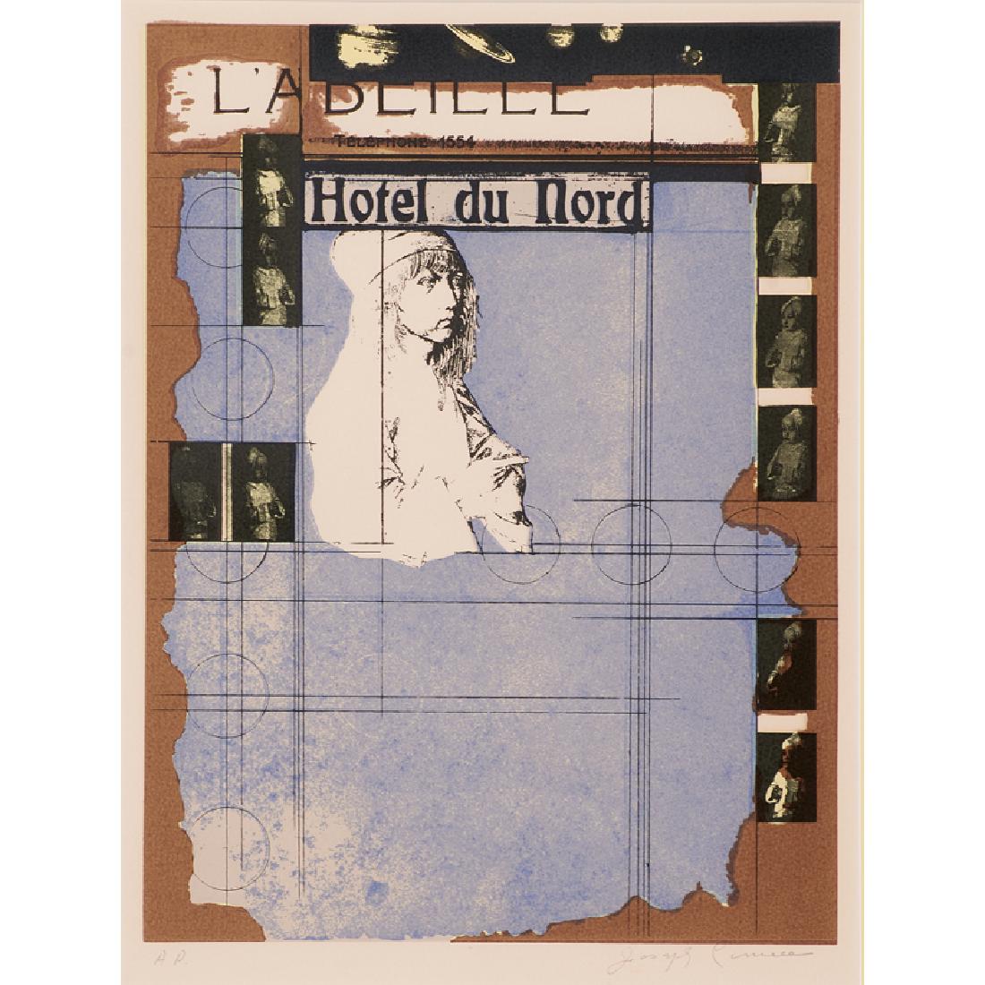 Joseph Cornell (American, 1903-1972): Untitled (Hotel du Nord), 1972; Screenprint in colors with stencil and varnish additions on Buff Arches paper (framed); Signed numbered AP; 16 1/8" x 12 1/8" (sight); Printer: Styria Studio, Inc., New