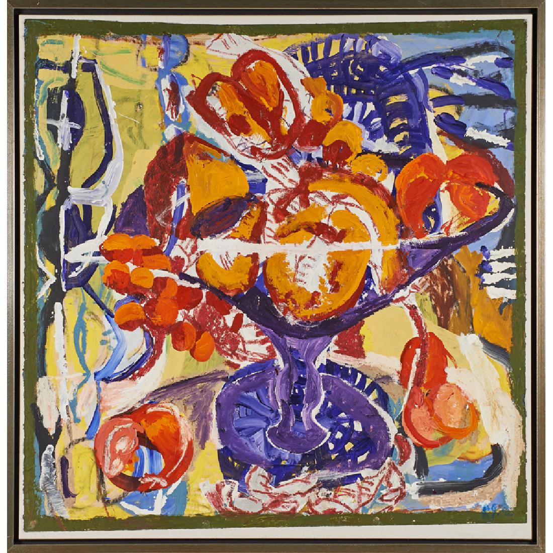 Roberto Juarez (American, b. 1952): Fruit in the Table, 1985; Acrylic on paper mounted canvas (framed); Signed and dated; 44 1/2" x 43 1/2"; Provenance: Mira Godard Gallery, Toronto, Canada (label on verso); Private Collection, New Jers