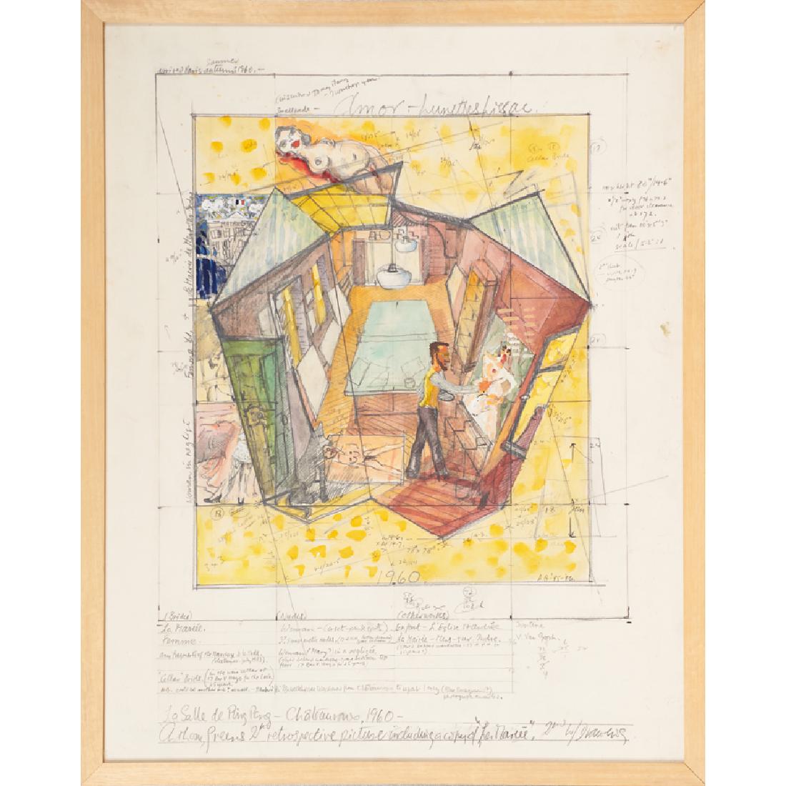 Anthony Green (British, b. 1939): 2nd Working Drawing for La Salle de Ping-Pong, 1985-86; Watercolor, gouache and pencil on paper (framed); 28 3/8" x 22 1/8" (slight); Provenance: Juda Rowan Gallery, London (label on verso); Collectio